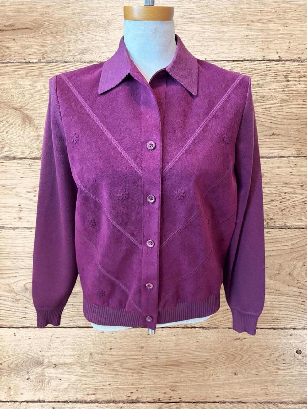 Vintage St. Croix Knits 100% Zephyr Wool Cardigan Plum Floral Sweater
